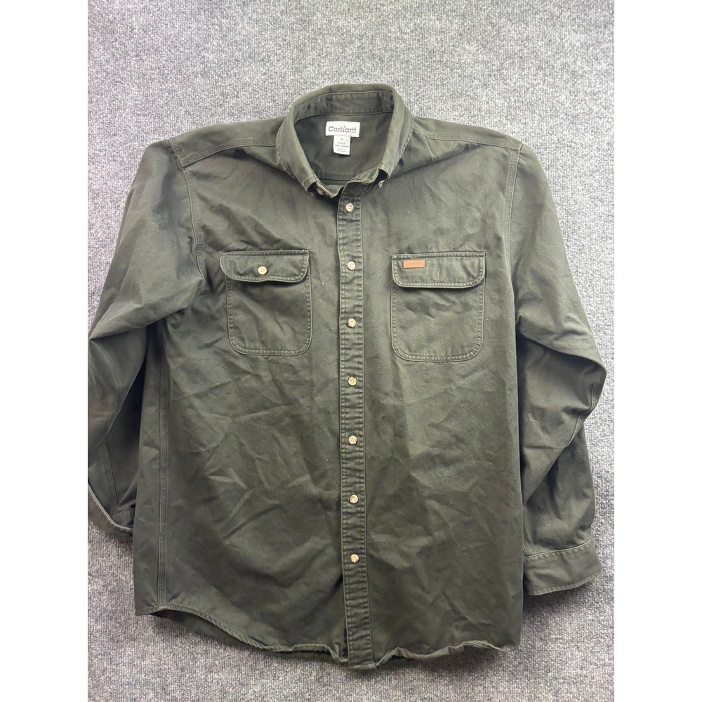 Vintage Carhartt Button Down Shirt Mens L Tall Green Canvas Workwear Long Sleeve